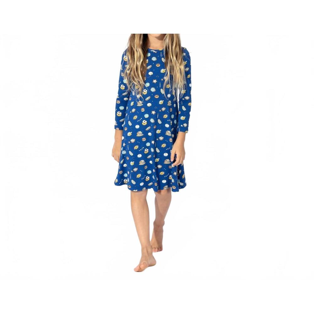 NEW BELLABU BEAR bamboo girls' long sleeve dress in hanukkah cookies/blue